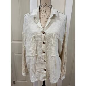 Freckled Poppy X Pol 100% Cotton Button Up Crocheted Sleeve Top Size Medium